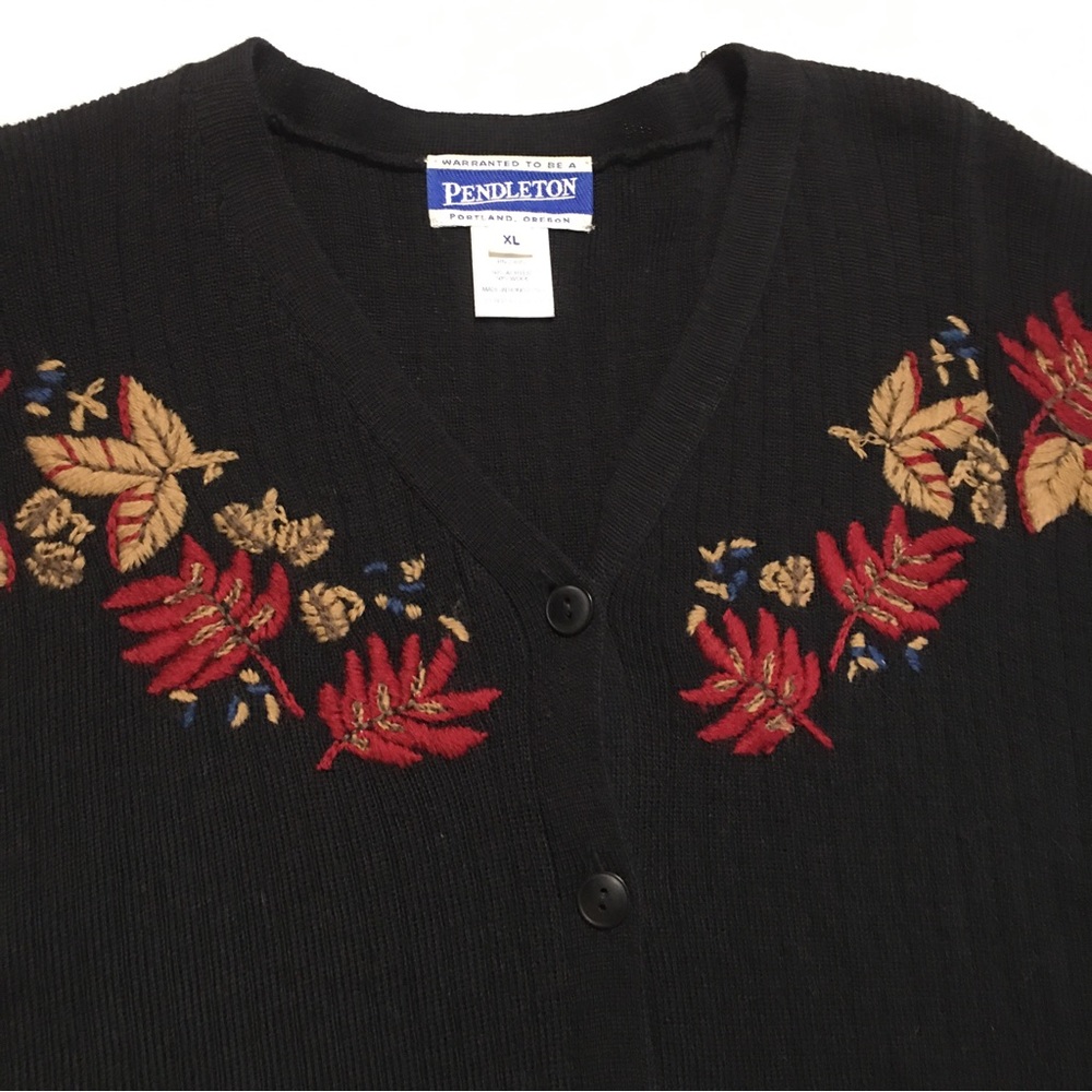 Vintage Pendleton Black Embroidered Leaf Floral Cardigan Wool Blend Like New XL
